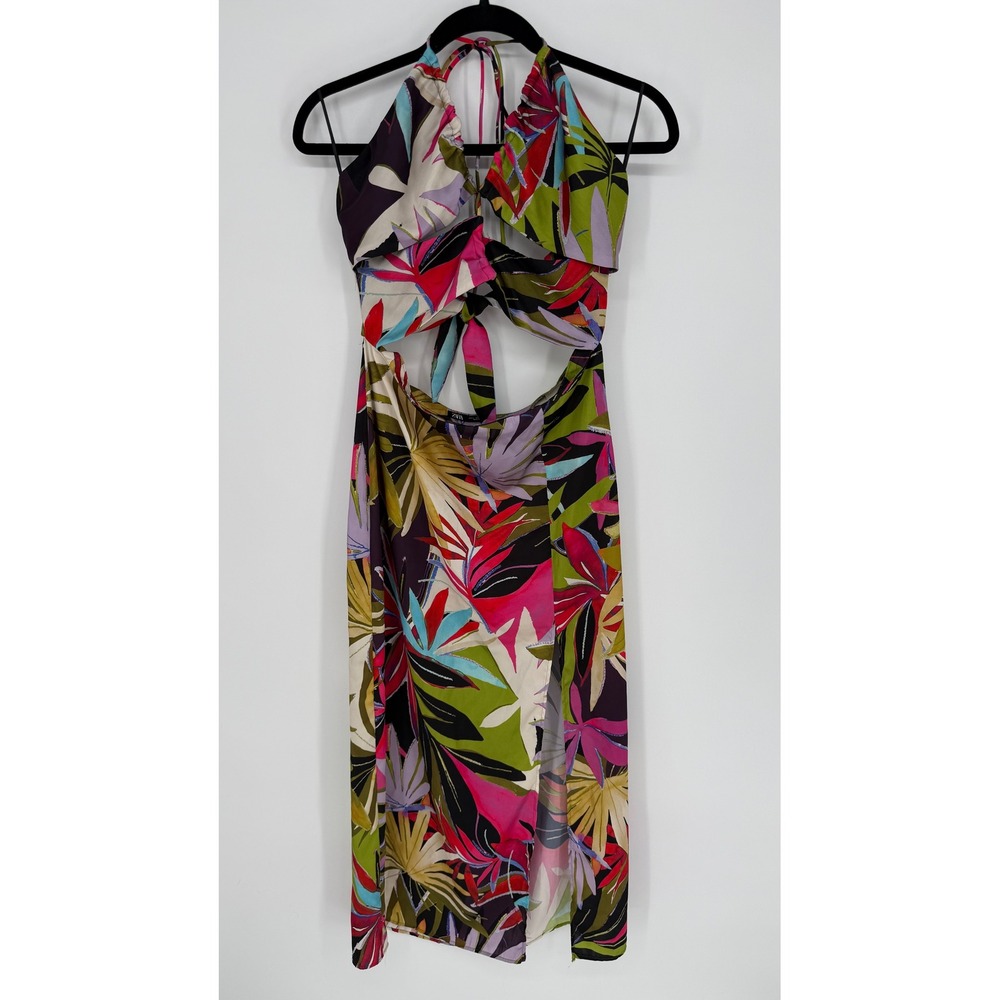ZARA SATIN TROPICAL PRINT CUT OUT FRONT HALTER MIDI DRESS LARGE - Picture 1 of 10